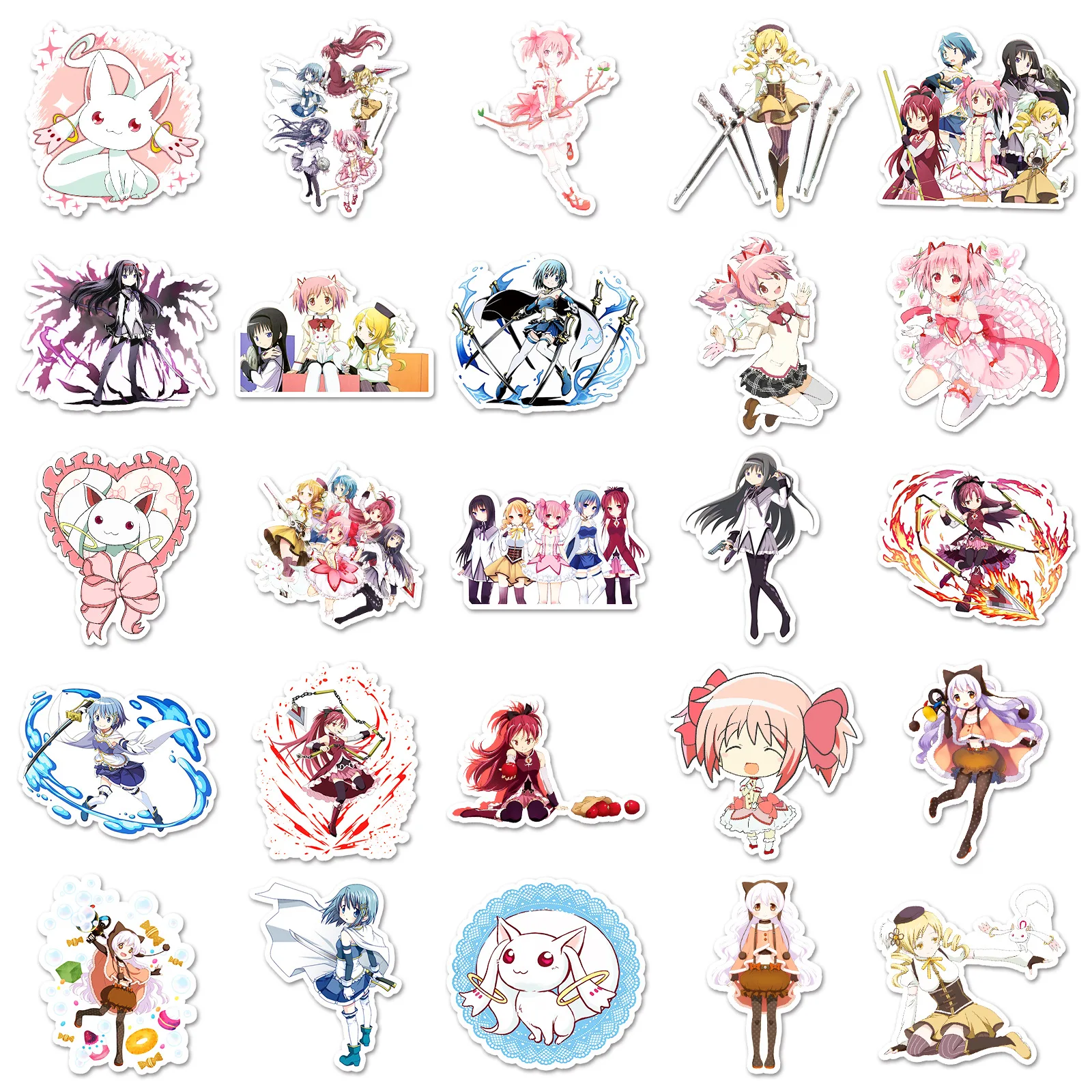 Stiker ponsel Anime Puella Magica, stiker kartun lucu kreatif menyenangkan hadiah mainan Decal grafiti untuk casing ponsel gitar 10/30/50 buah