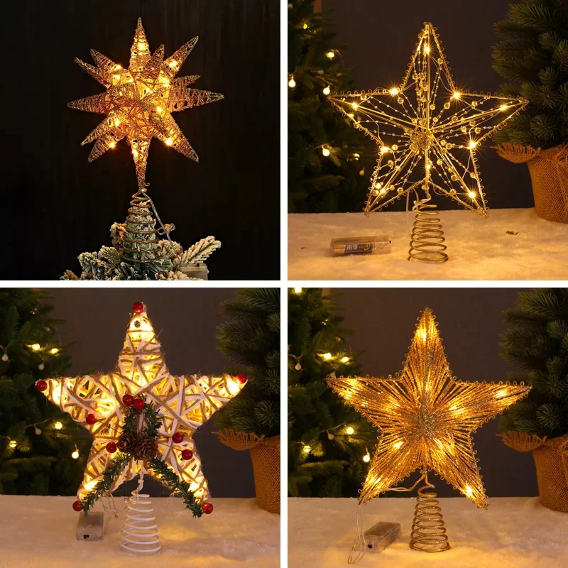 

Christmas tree decorations top illuminated decoration with batteries LED lights iron art pentagonal stars commercial layout