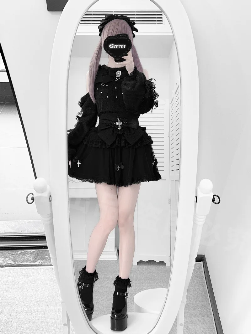 Y2K 서브컬쳐 레이스 로리타 스타일 신상 가을 겨울 블랙 워터컬러 숏 스웨터 재킷 하이웨이스트 스커트 투피스 세트 여성용