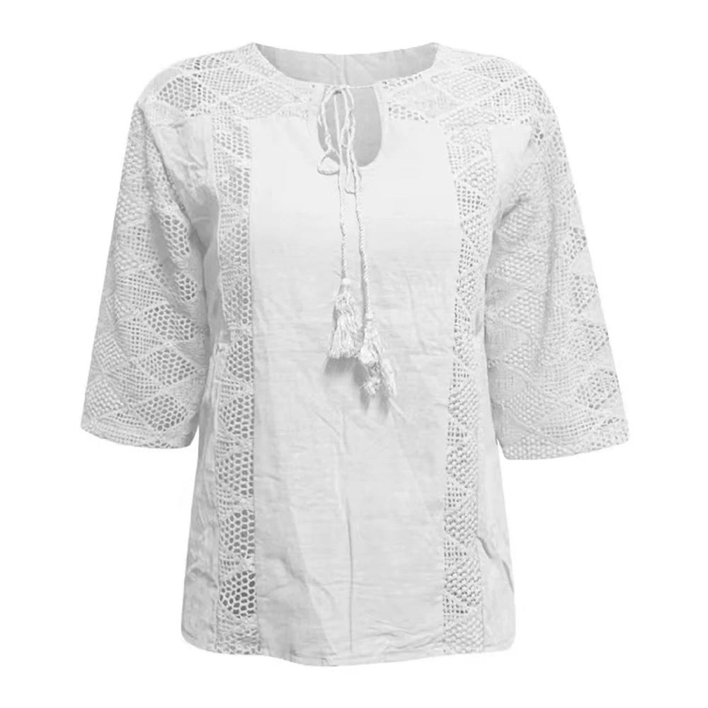 

2023 Women‘s Cotton Linen Tunic Tops Womens Summer Tops V Neck 3/4 Sleeve Casual Loose White Top T-Shirt Ladies Fashion Clothing