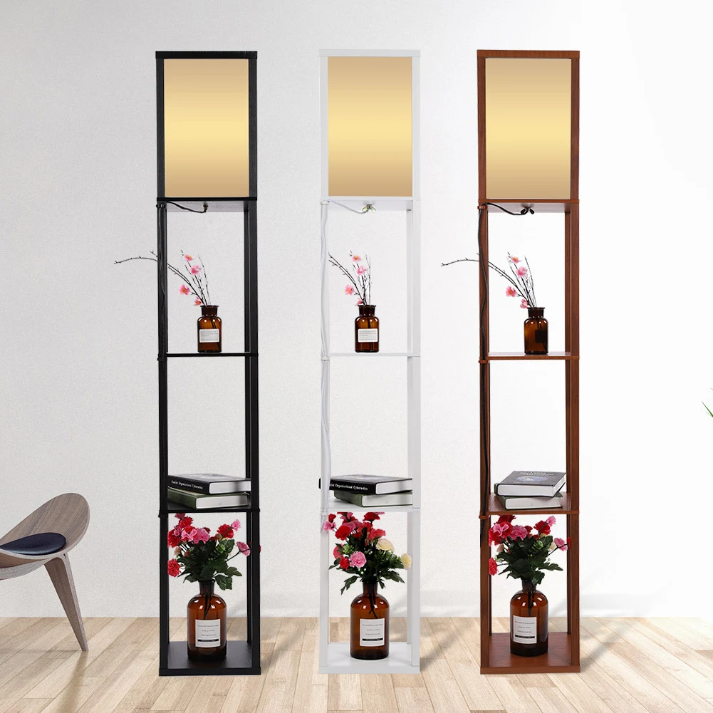 Stehlampe aus Holzstoff mit Regalen. Moderne Stehlampe aus Eichenholzstoff mit integrierten