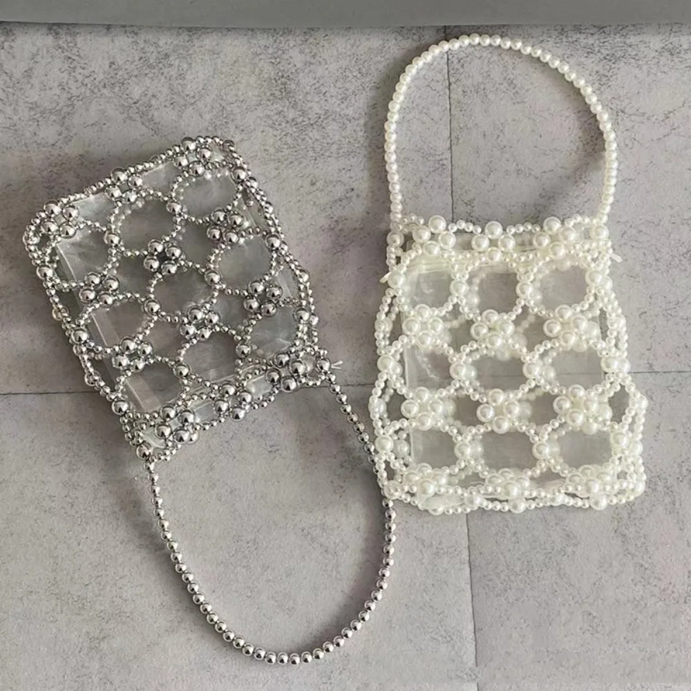 

Fashion Luxury Pearl Beaded Bag Bohemia Hollow Out Woven Bead underarm Bag with Inner Bag Handmade Small Phone Pouch Girl