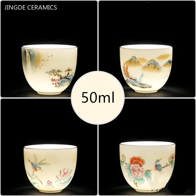 40/50ml Lamb Fat Jade White Porcelain Teacup Hand-painted Flower Pattern Ceramic Master Cup Boutique Portable Zen Tea Cup