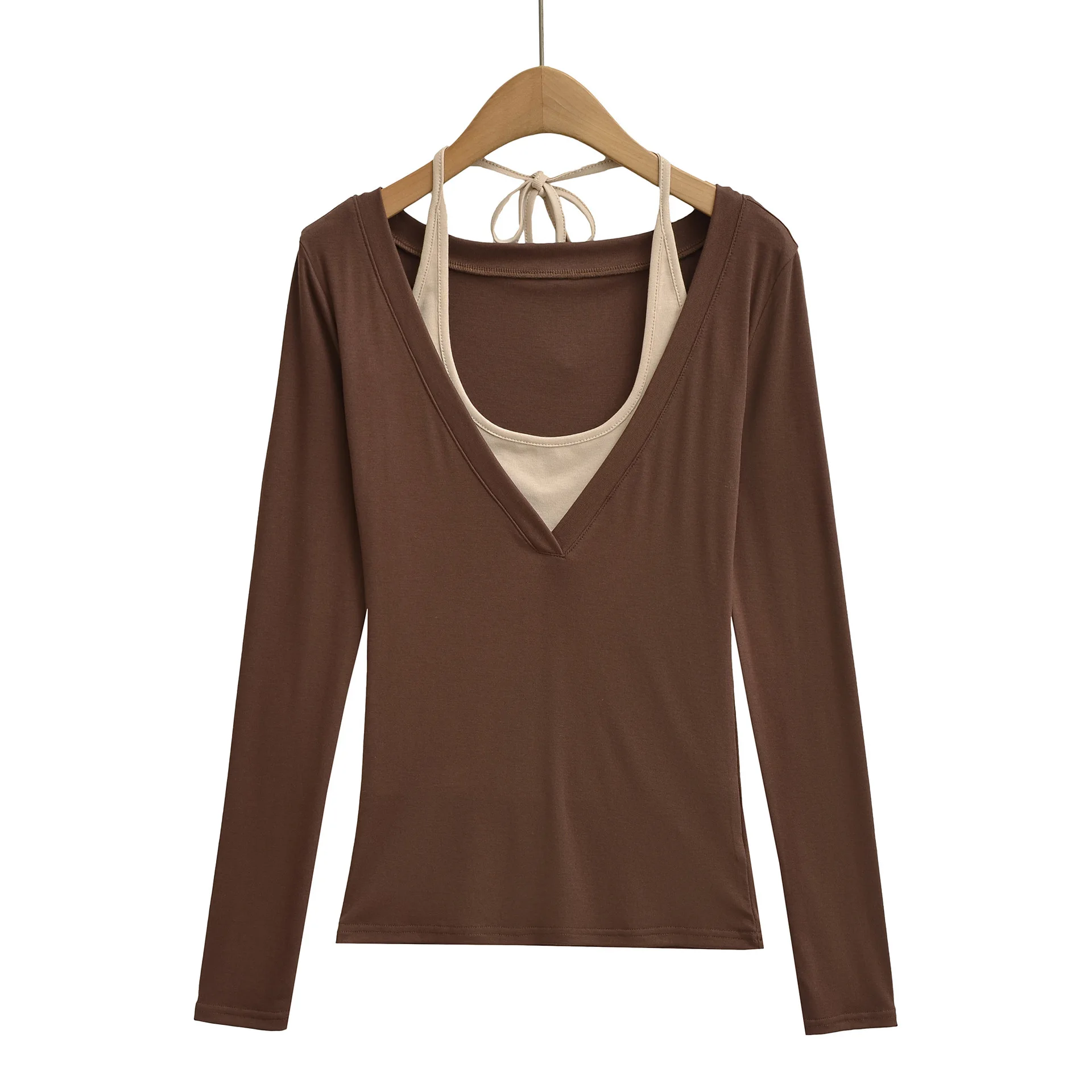 Autumn Lightweight Fake Two-Piece Color-Block Halter Neck Long Sleeve Top for Women New Sexy Waist-Cinching Slim Fit Short B0LR