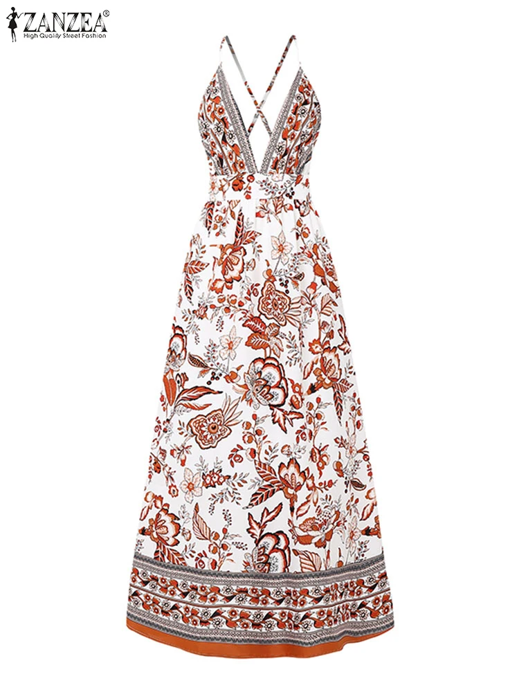 

ZANZEA 2025 Sexy V-Neck Strap Summer Long Dresses Women Elegant Maxi Sundress Halter Floral Print Bohemian Beach Party Robe