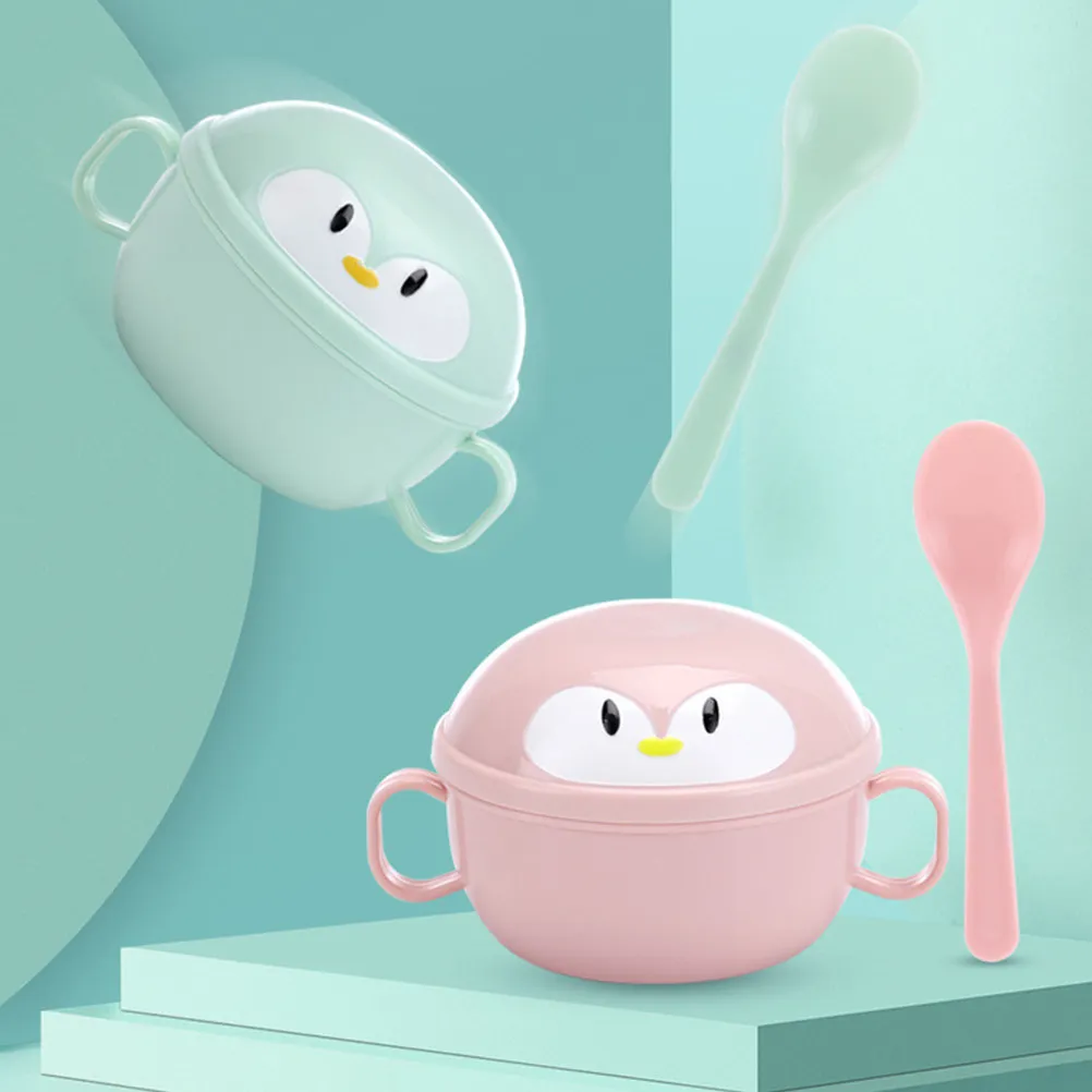 

2 комплекта детских мисок в форме пингвинов с ложками, из нержавеющей стали и полипропилена, с крышкой для измельчения продуктов, портативная легкая детская посуда