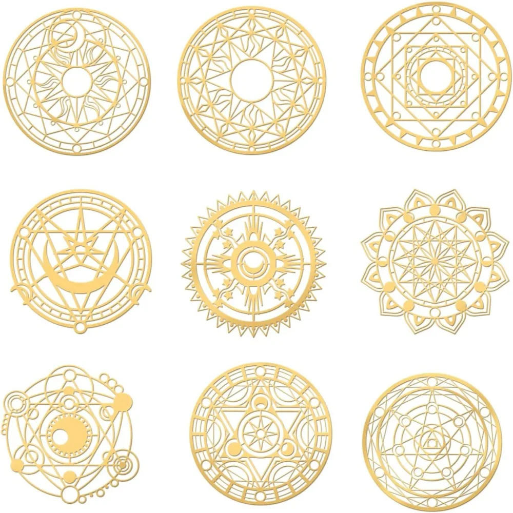 9Pcs 1.6x1.6 Inch Sacred Geometry Sticker Magic Circle Metal Sticker Golden Brass Stickers Self Adhesive Golden Metal Making Kit