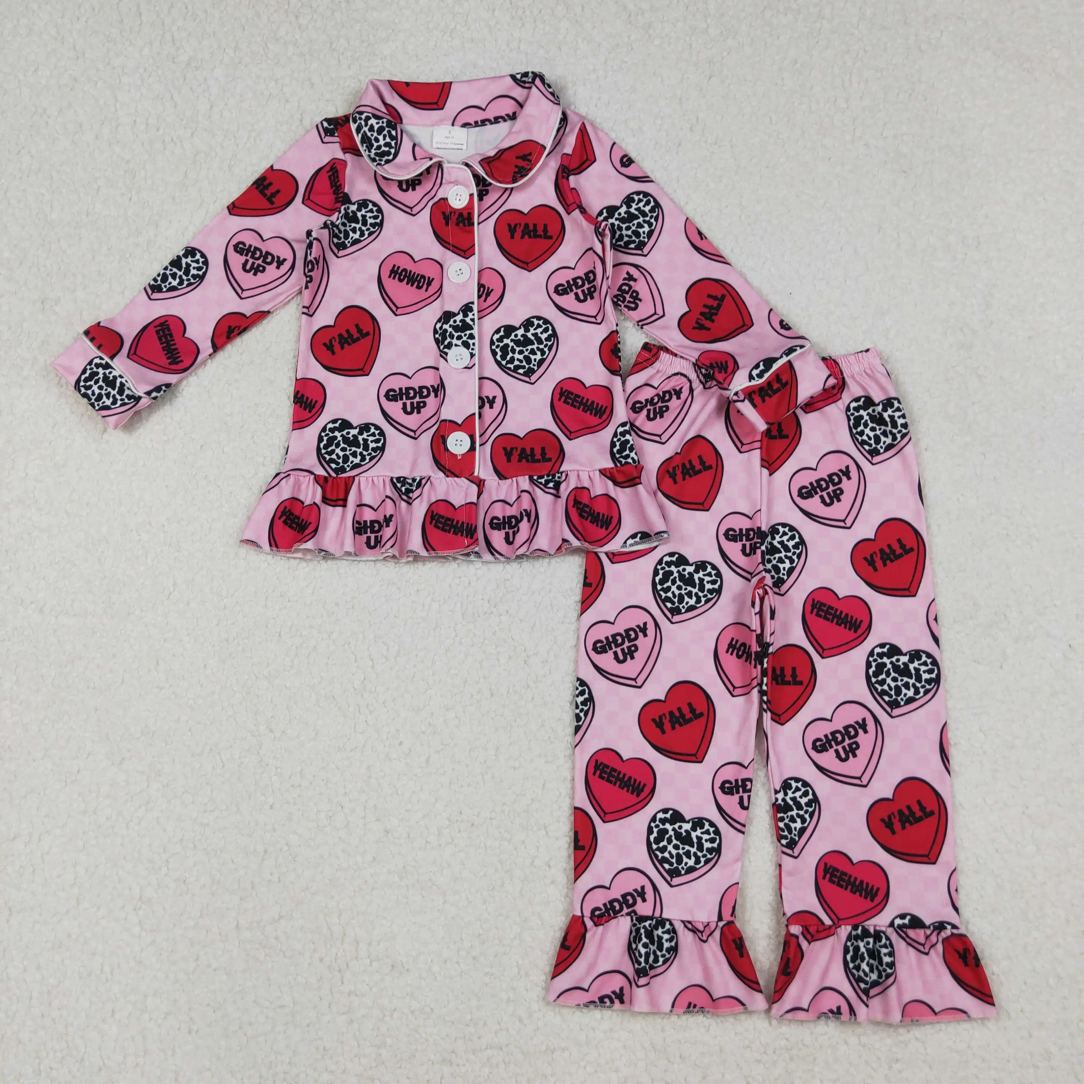 

X10.8 RTS NO MOQ Kids Girl Long Sleeve Valentines Heart Matching Set Outfit Wholesale Baby Clothes