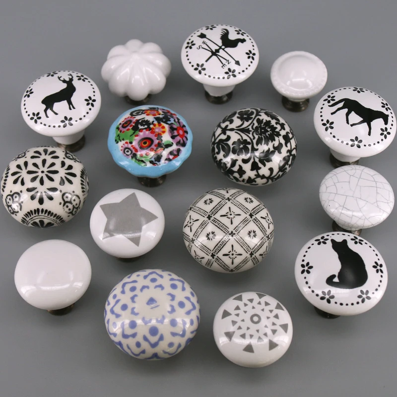 1x Pastoralism White Ceramic knob ,Star Flower Clock Print Kitchen Cabinet Cupboard Door knob and handles Kids Drawer Knob Pulls