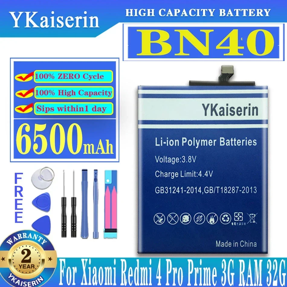 

YKaiserin BN40 BN 40 Battery For Xiaomi Redmi 4 Pro 4Pro Prime 3G RAM 32G ROM 6500mAh CellPhone Replacement Batteries + Tools