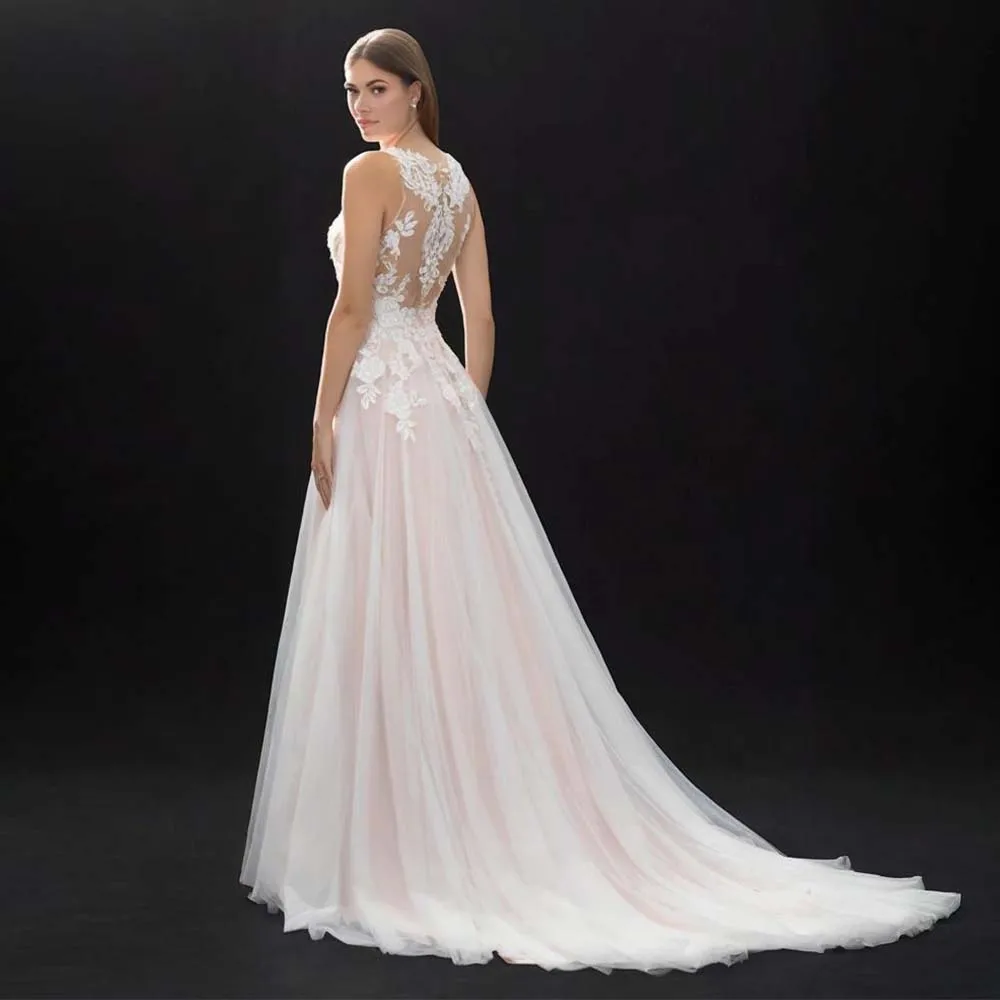 Personalizado novo estilo requintado roupas femininas sexy vestido de renda sem mangas profundo decote em v vestido de casamento apliques vestido longo