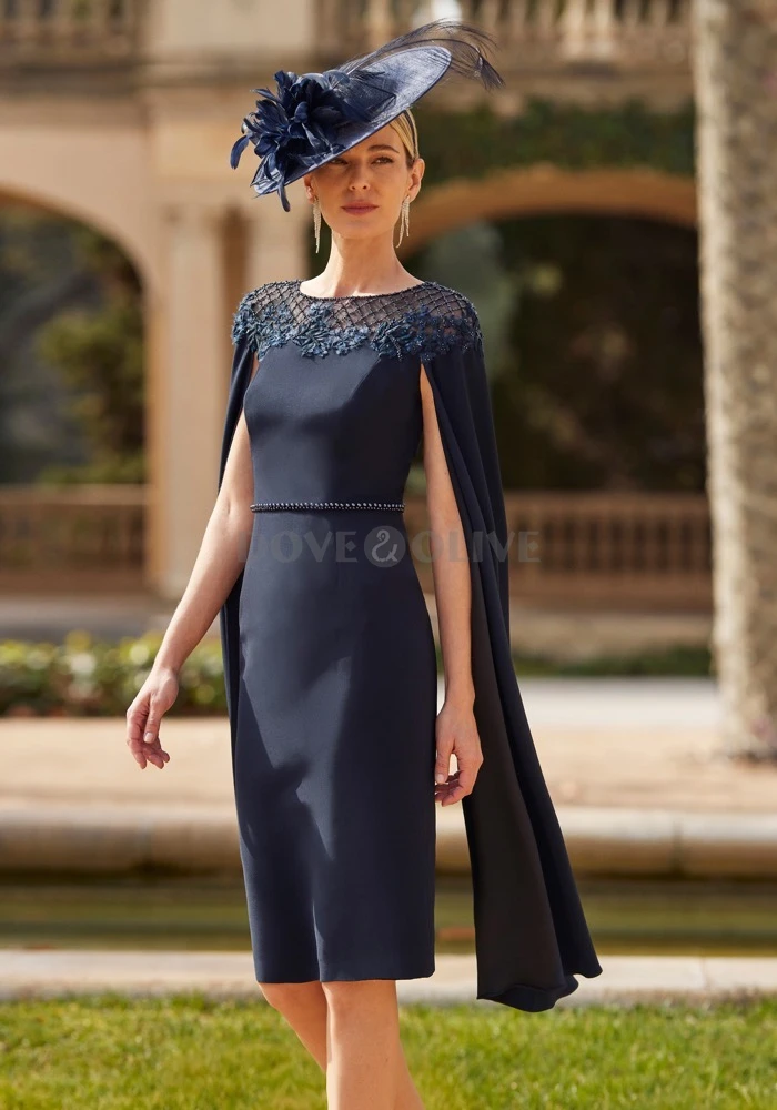 

Mother of The Bride Dresses Satin Knee Length Beaded Lace Appliques Flowy Sleeves with Split Evening Gowns Formal Party Dress