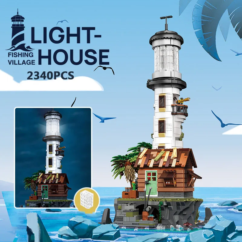 

Creative Building Block Street View Fishing Village Lighthouse Model Brick Educational Toy Collection With Light For Kids Gifts