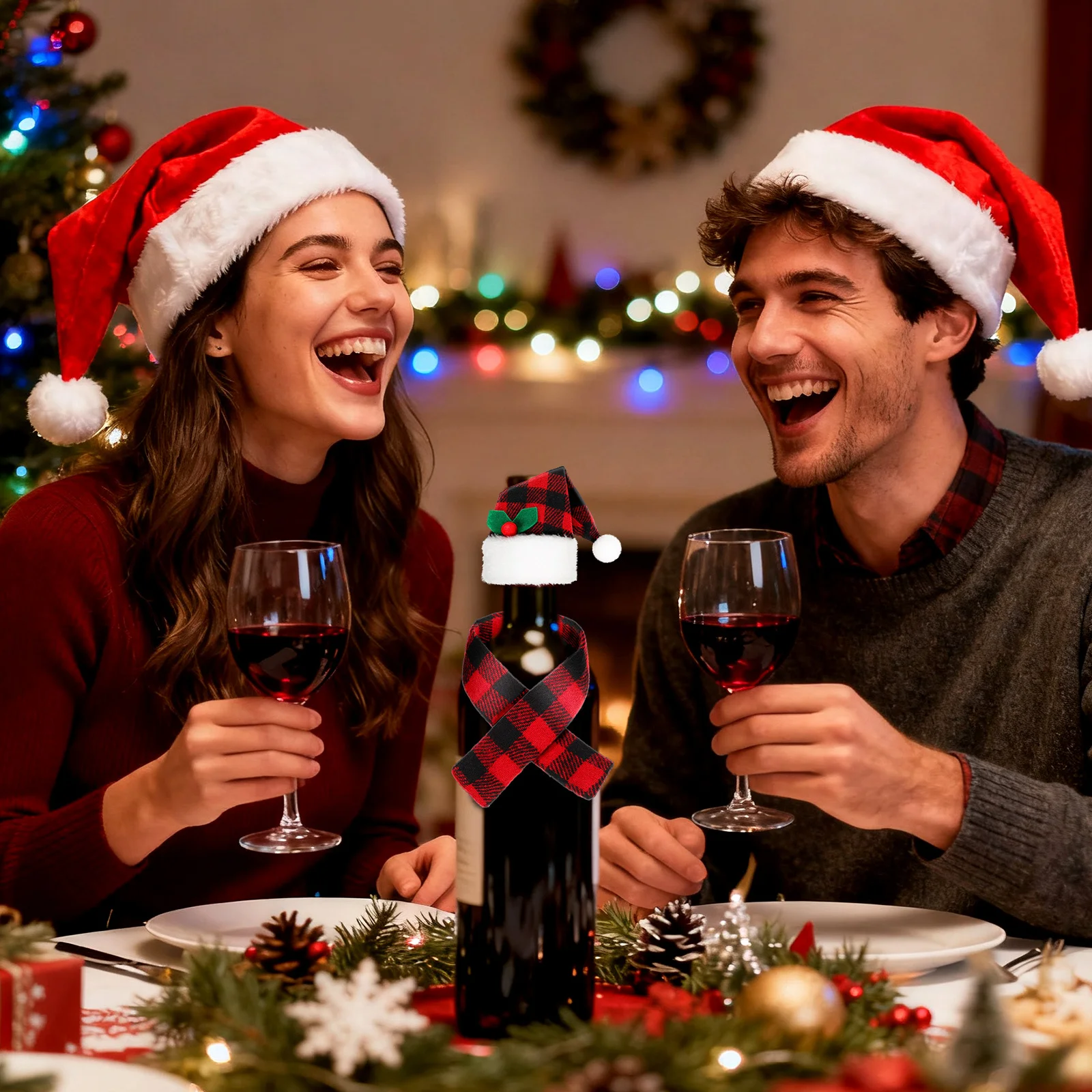 

4 set Christmas Red Wine Decor Buffalo Plaid Mini Hat Scarf Set Holiday Wine Bottle Cover For Xmas Party Home Decor Kitchen Bar