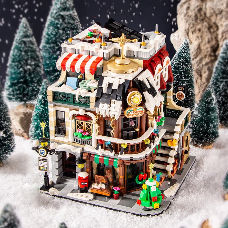 

City Street View Creative Mini Block Christmas Cafe House Building Brick Coffee Shop Santa Claus Figures Toys For Xmas Gifts