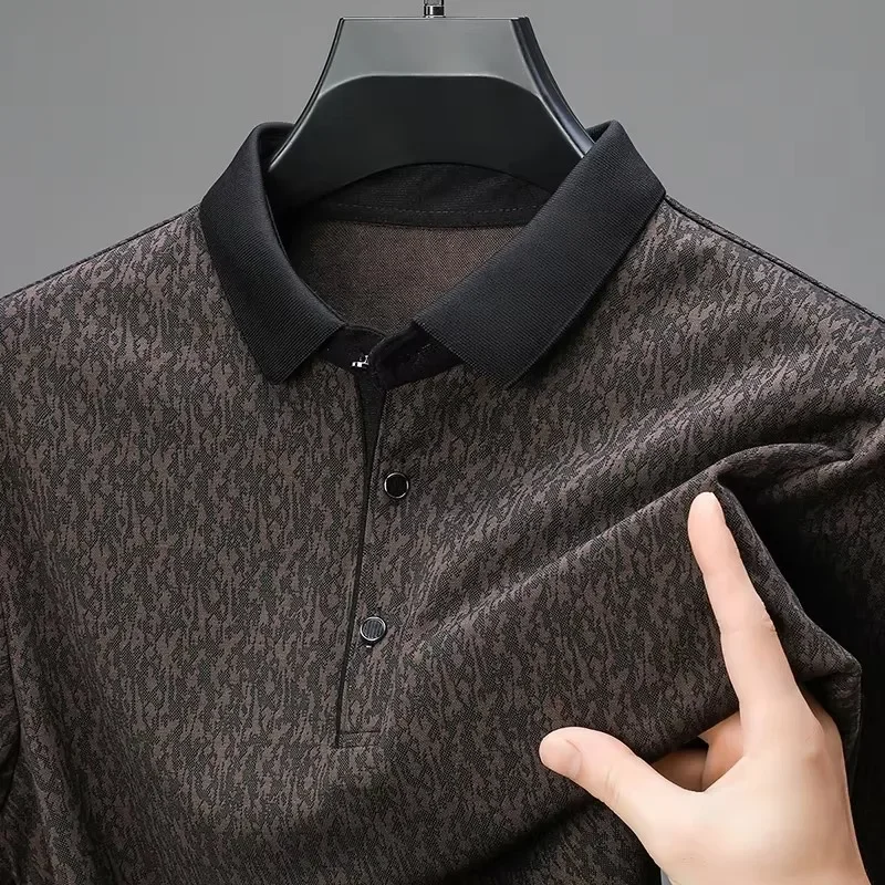 فاخر لطيف جديد الحرير تنفس كم طويل قميص بولو الرجال الربيع والخريف موضة الجاكار قميص الأعمال عادية تي شي
