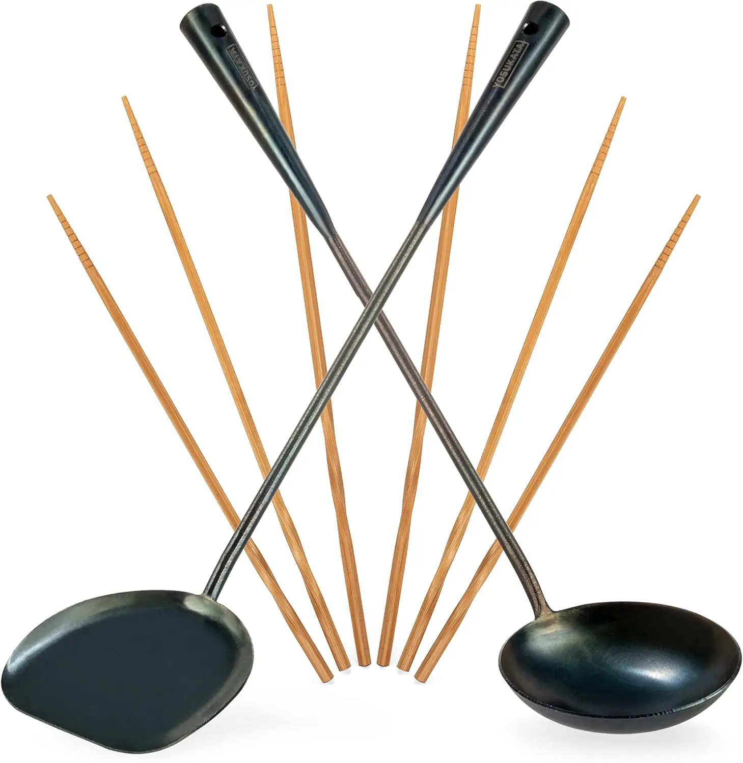 Juego de Wok Pre-Sazonado de 17 Pulgadas con Espátula, Cuchara y Palillos - Utensilios de Cocina Asiáticos Duraderos