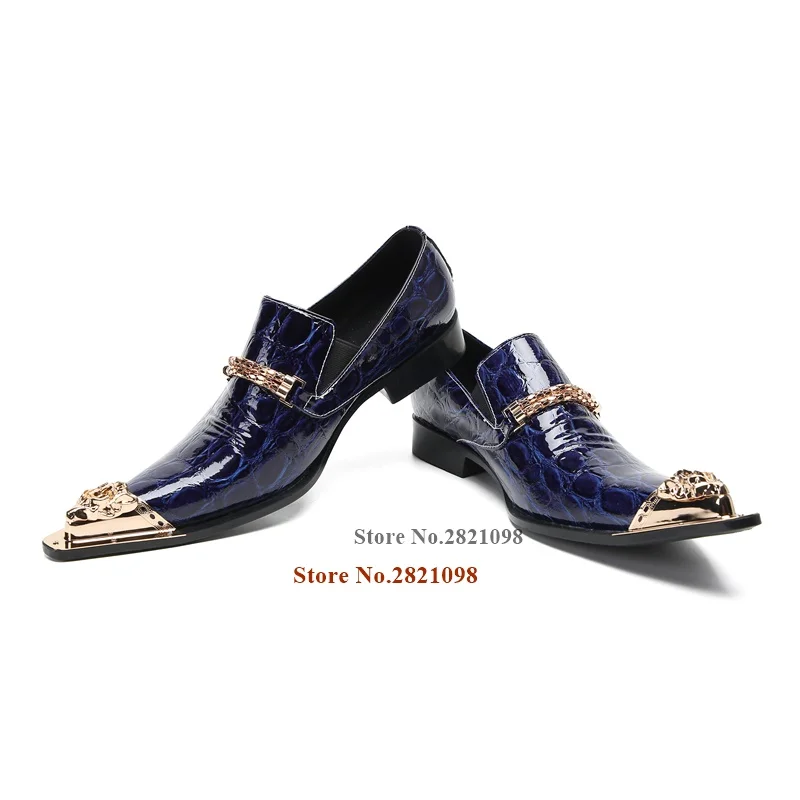 

Crocodile Lines Metal Chain Metal Toe Male Flats Men Business Dancing Dress Shoes Pointed Toe Genuine Leather Shoes