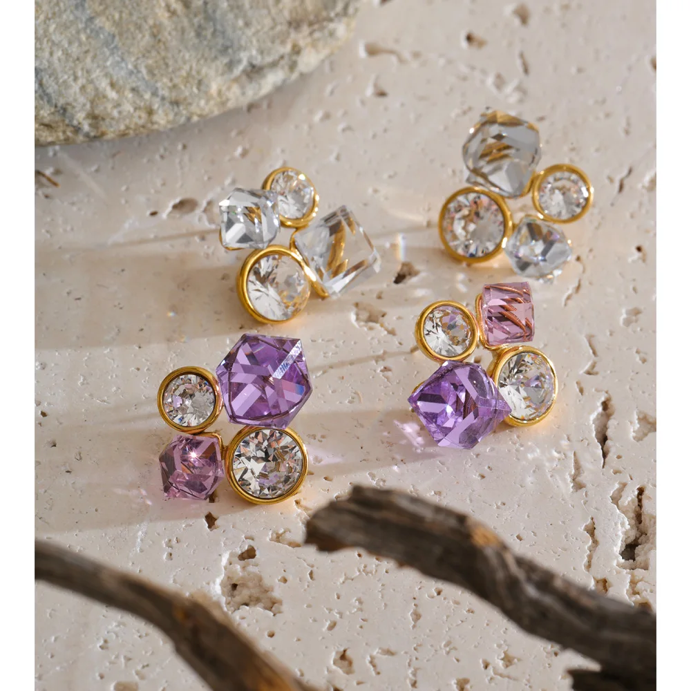 Yhpup Purple White Color K9 Crystal Geometric Stud Earrings Stainless Steel Shiny Exquisite Stylish Gold Color Jewelry PVD