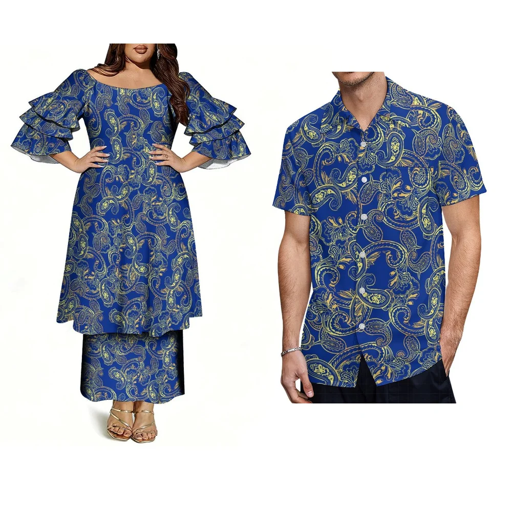 Customized Men'S Short-Sleeved Shirts With Polynesian Pacific Island Ethnic Style Fashionable Women'S Elegant Puletasi Dresses
