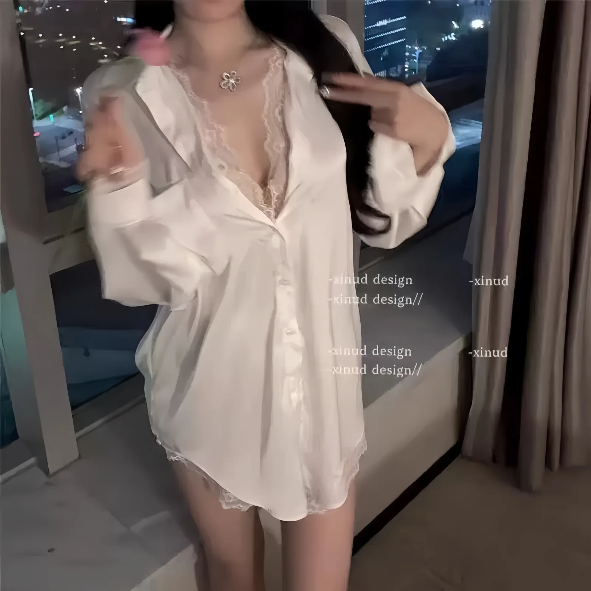 Camisa namorado seda gelo sexy pijamas tamanho grande pura luxúria renda cetim falso dois pijamas loungewear