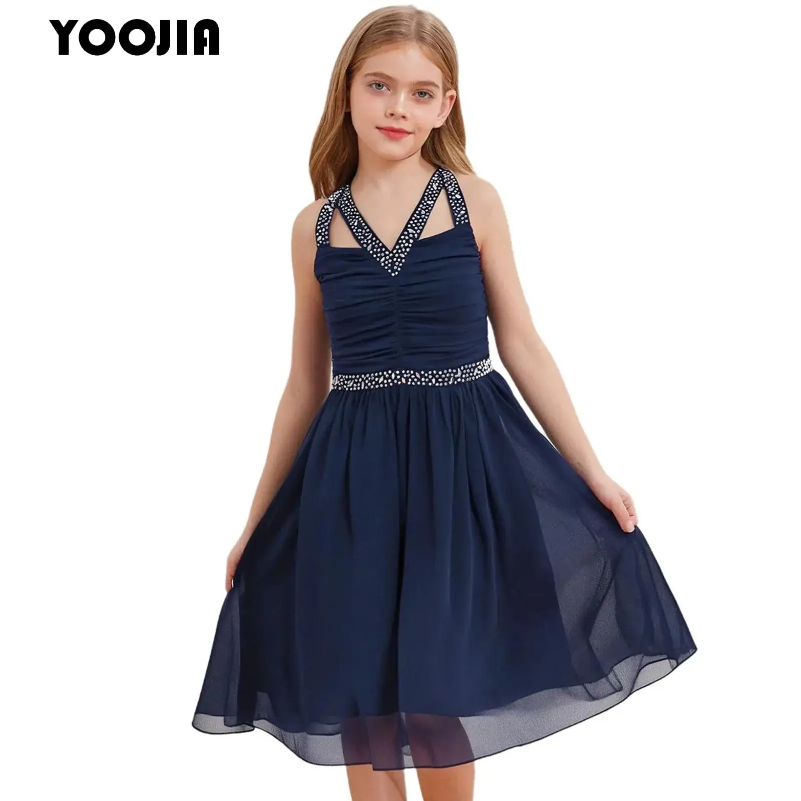 

Girls Chiffon Party Dress Elegant Rhinestone Crossed Strap Birthday Wedding Prom Gown Banquet Knee Length Ruched Flower Dress