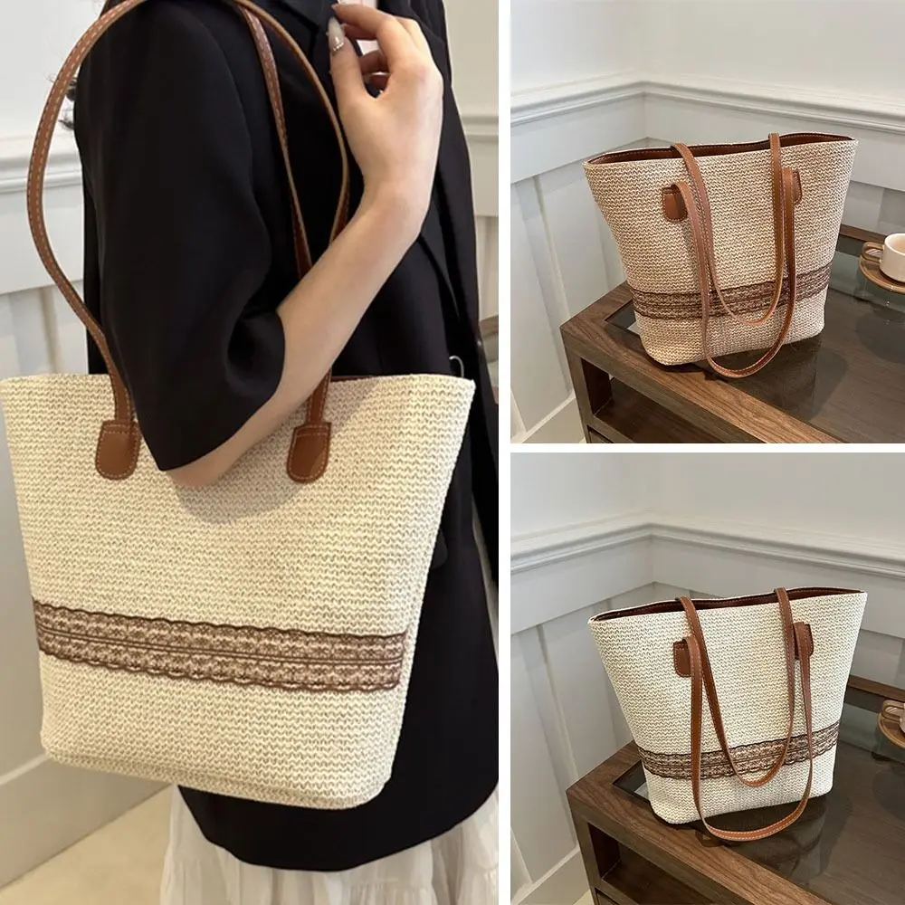 

Большая вместительная женская сумка-тоут из соломы, повседневная сумка через плечо, сумка-тоут с комбинированным дизайном ​ ​ Пляжная сумка-ведро в стиле бохо для отдыха на море