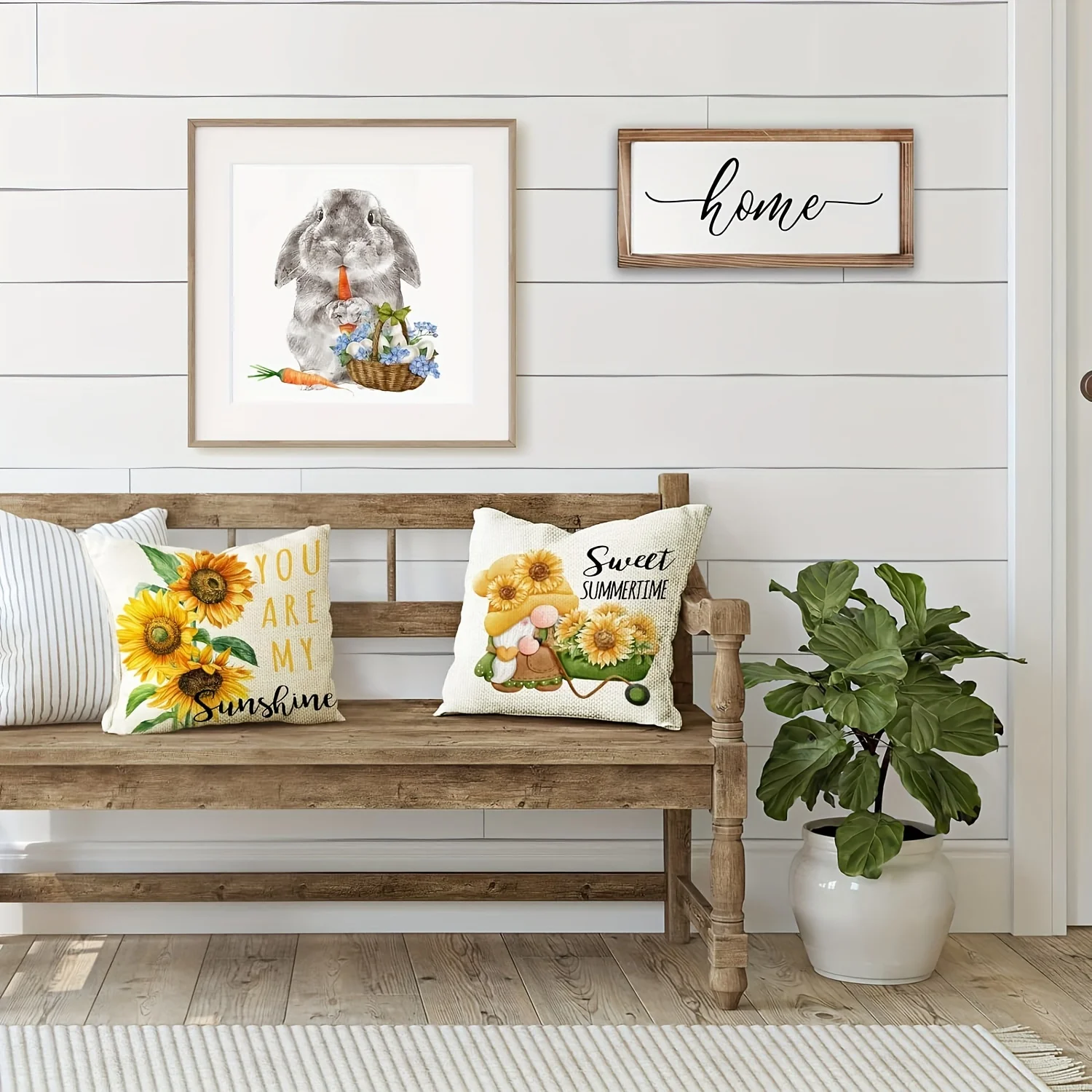 4PC Sunflower Sunshine Summer Quote Throw Pillow Covers for Boho Farmhouse Decor Bright Yellow Floral Accent Cushion