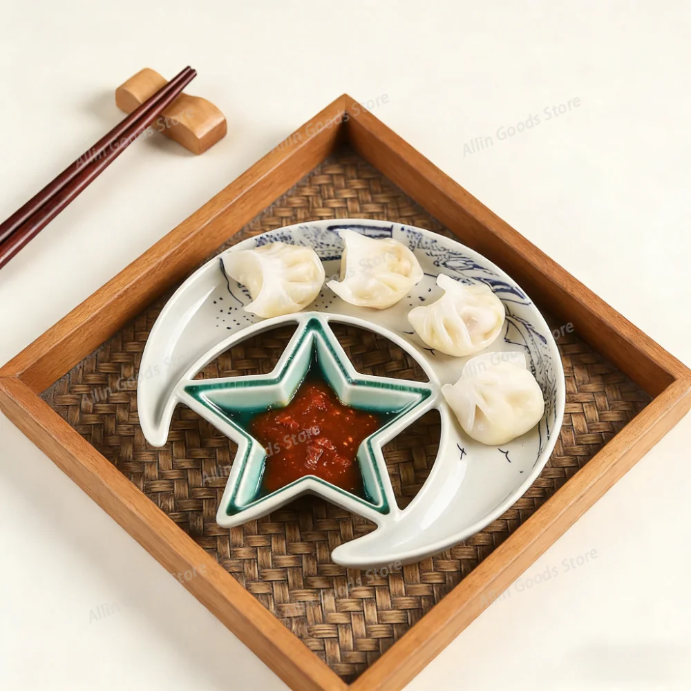 Dumpling Moon Plate with Vinegar Dish Creative Kitchen Tableware Breakfast Dish Household Commercial Ceramic Small Sushi Plate