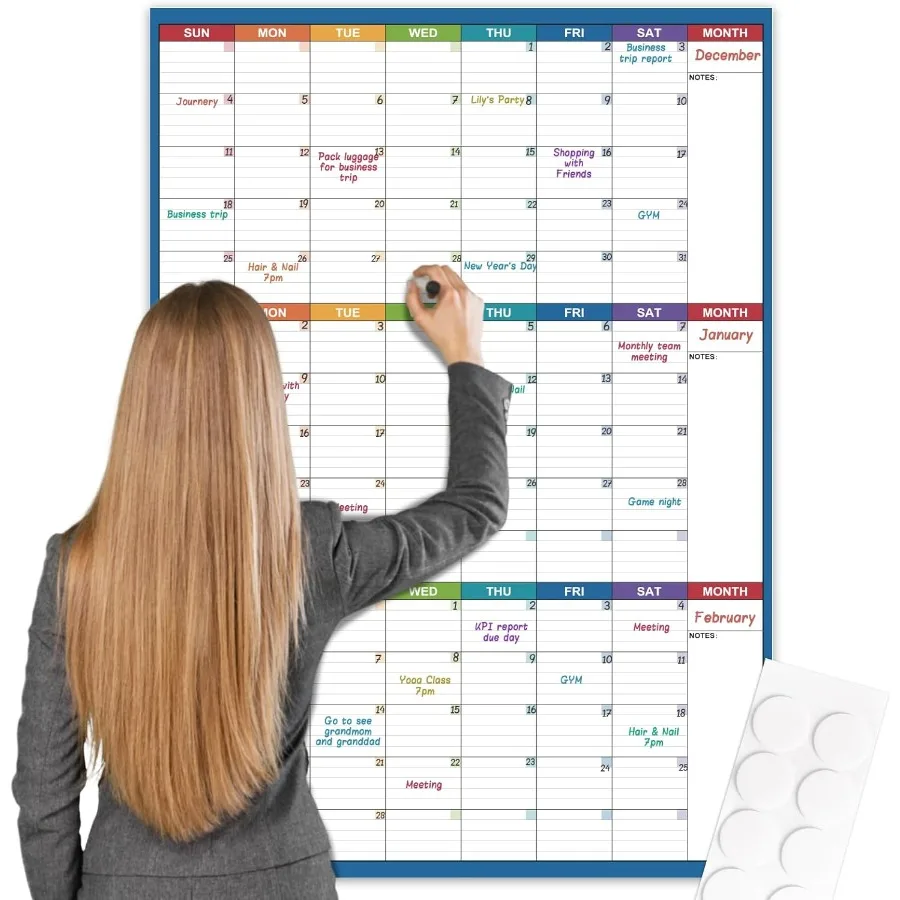

Large Dry Erase Calendar For Wall - Undated 3 Month Calendar 28'' x 40'' Erasable and Reusable Lamited White Board 8 Round Stic