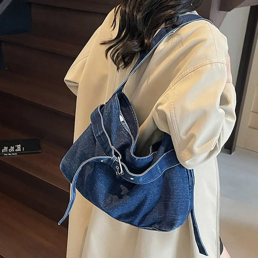 

Sweet Korean Style Denim Tote Bag Tote Bag Solid Color Large Capacity Handbag PU Leather Large Capacity Underarm Packs Travel