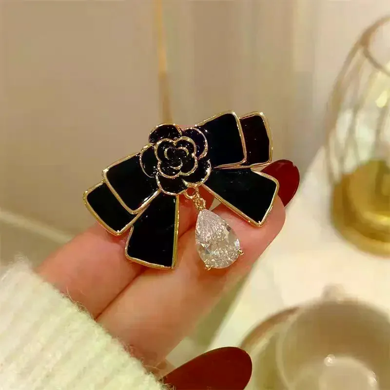 Chic Camellia Bow Brooch; Black Oil-Drip Metal; Mourning Corsage Suit Pin; French Style Scarf and Bag Accessory