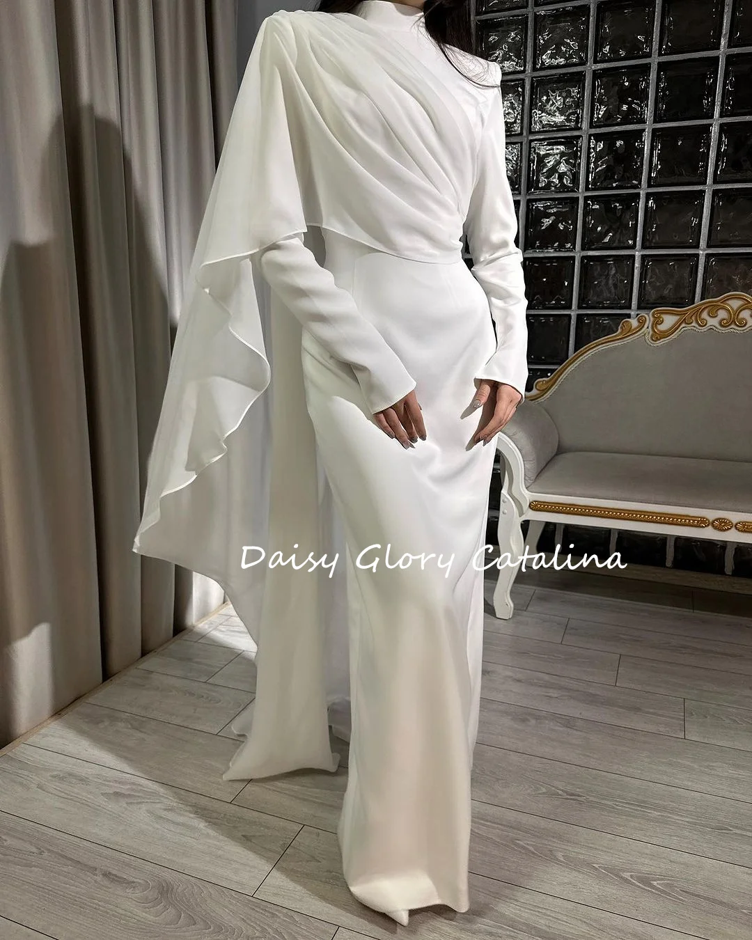 Elegant Evening Dresses For Women Party New White Satin Watteau Train Mermaid Prom Dresses Saudi Arabia Formal Occasion Wedding