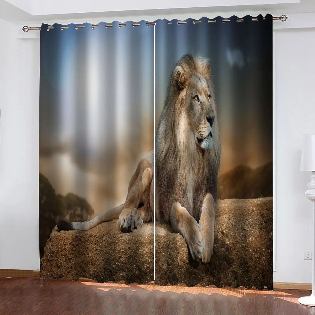 

HUANZHUANG Bedroom Curtains African Animal Lion Rod Pocket Wooden Door Printed Living Room Curtain For Home Decor Treatment