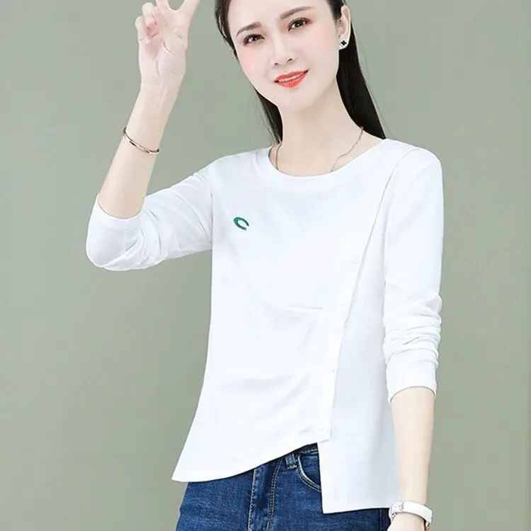 Irregular Bottoming Shirt Women's Long Sleeved T-shirt New Spring Autumn Fashion Solid Color Round Collar Top