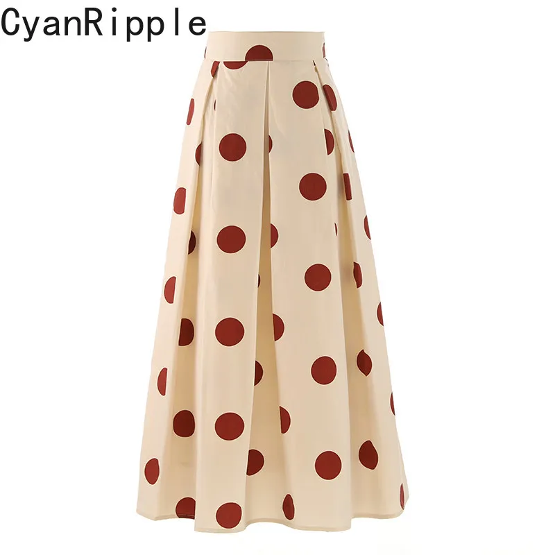 

Высококачественная винтажная женская хлопковая юбка в стиле Хепберн, красная в горошек, новая коллекция весна-лето, элегантная, с завышенной талией, средней длины, фасон «зонтик»