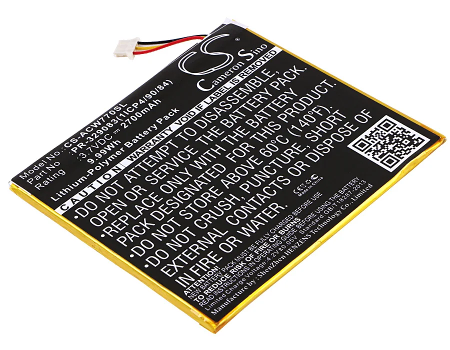 Сменный аккумулятор CS для Acer Iconia One 7 B1-770 PN:KT.0010H.003, PR-329083(1ICP4/90/84), PR-329083 2700 мАч / 9,99 Вт·ч