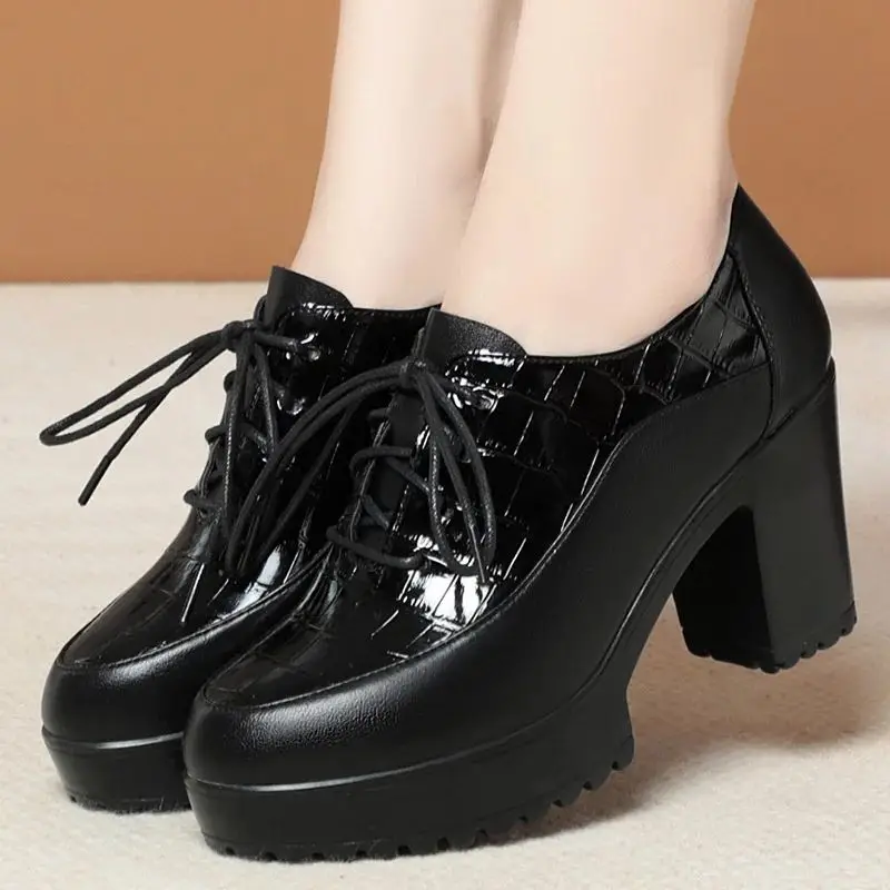 Deep Mouth Soft Leather Shoes Women Oxfords Platform Pumps High Heels Shoes Black Lace up Office Work Pumps Shoes