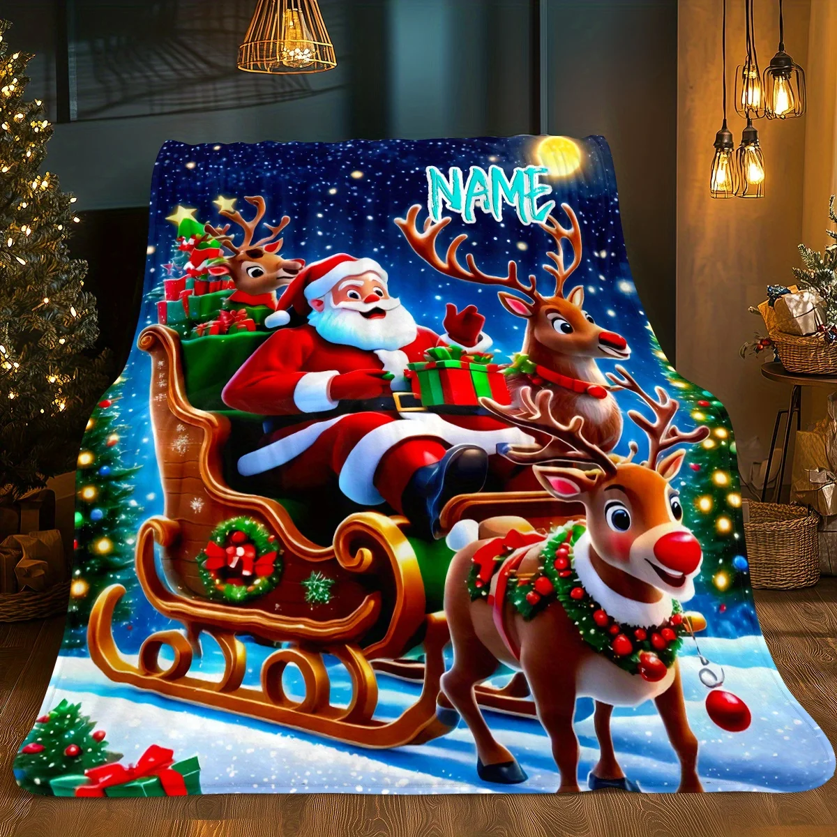 Customized Name/Text Santa Claus And Deer, Suitable for Sofa, Bedroom, Living Room, Outdoor, Camping, Hiking, Tourism, Office, C