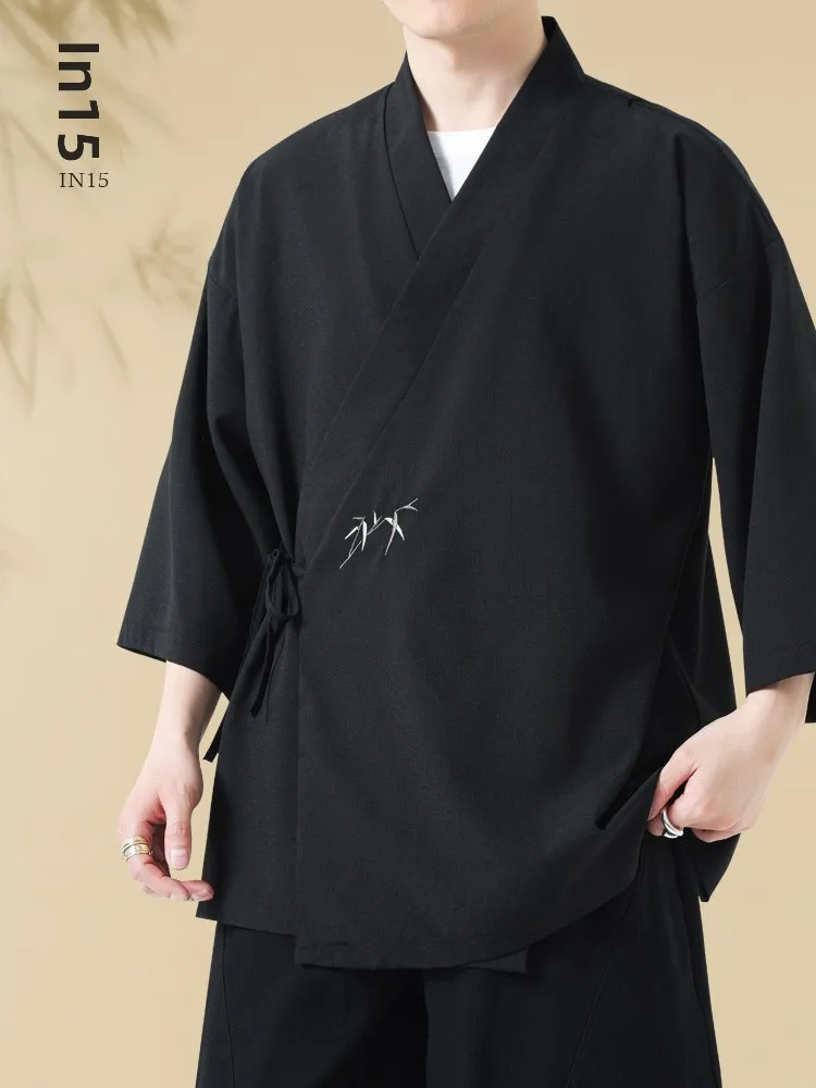夏用アイスシルク竹刺繍メンズ漢服上着半袖カジュアルスタイル古代中国僧侶服