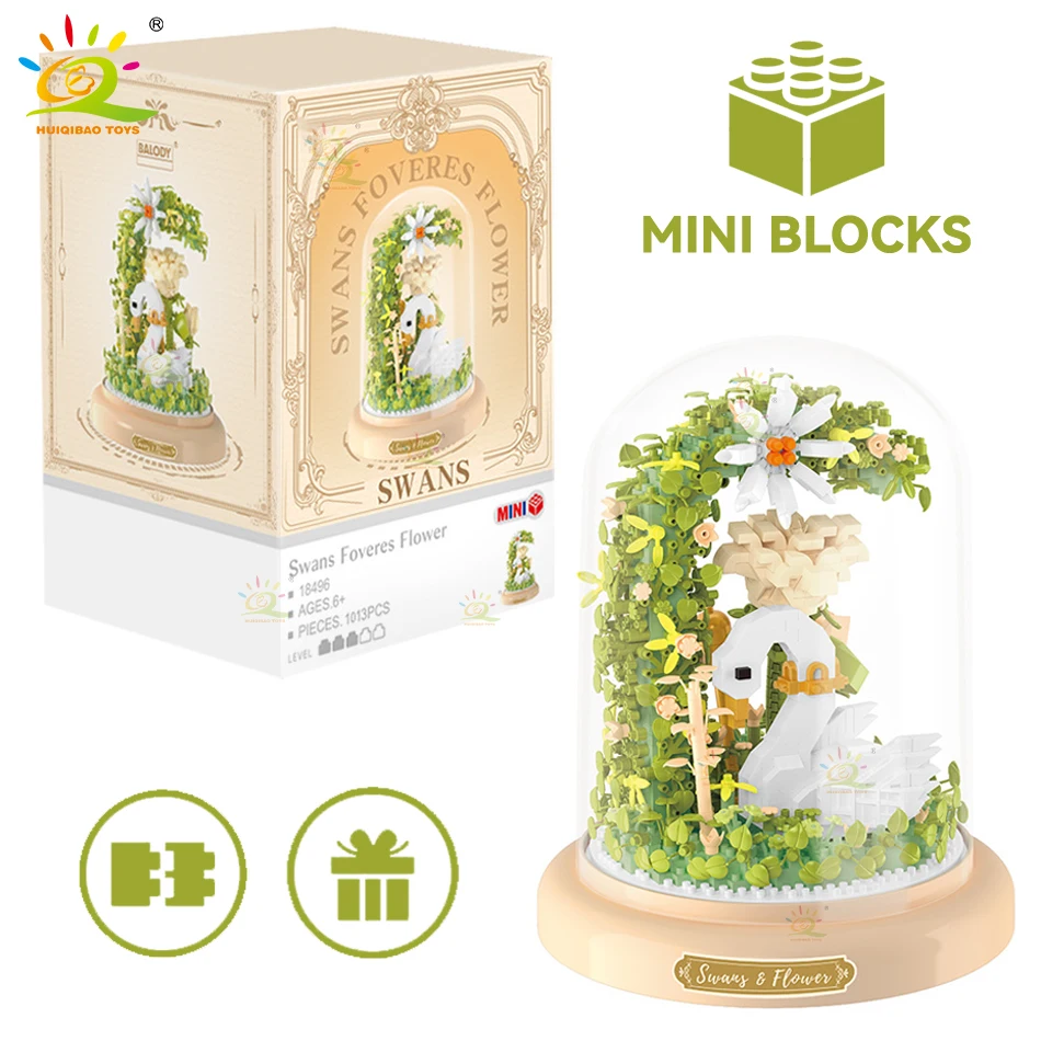 HUIQIBAO Ideas Flower Box Mini Building Blocks MOC Friends Swan Ornamental Plants Model Mirco Bricks Creantion Gift Toy for Girl