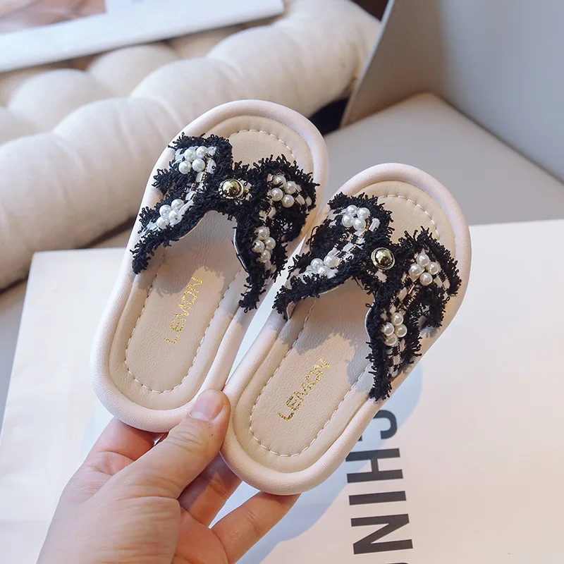 Girls Slippers Summer Kids Chic Checkered Princess Sandals with Simple Pearl Sweet Fashion Elegant Slippers for Children Outdoor