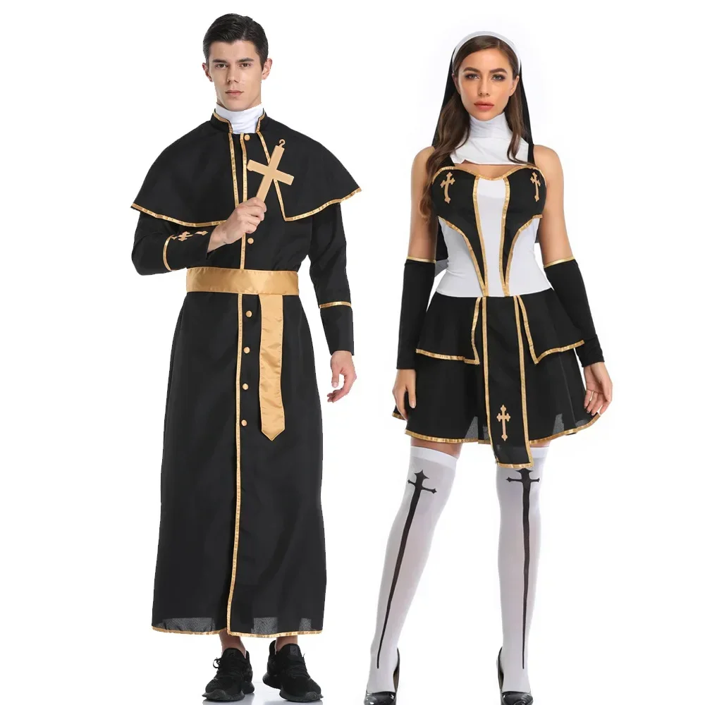 Adult Priest Pastor Minister Costume Men Women Erotic Nun Role Play Sexy Priests Uniform Fancy Halloween Party Dress