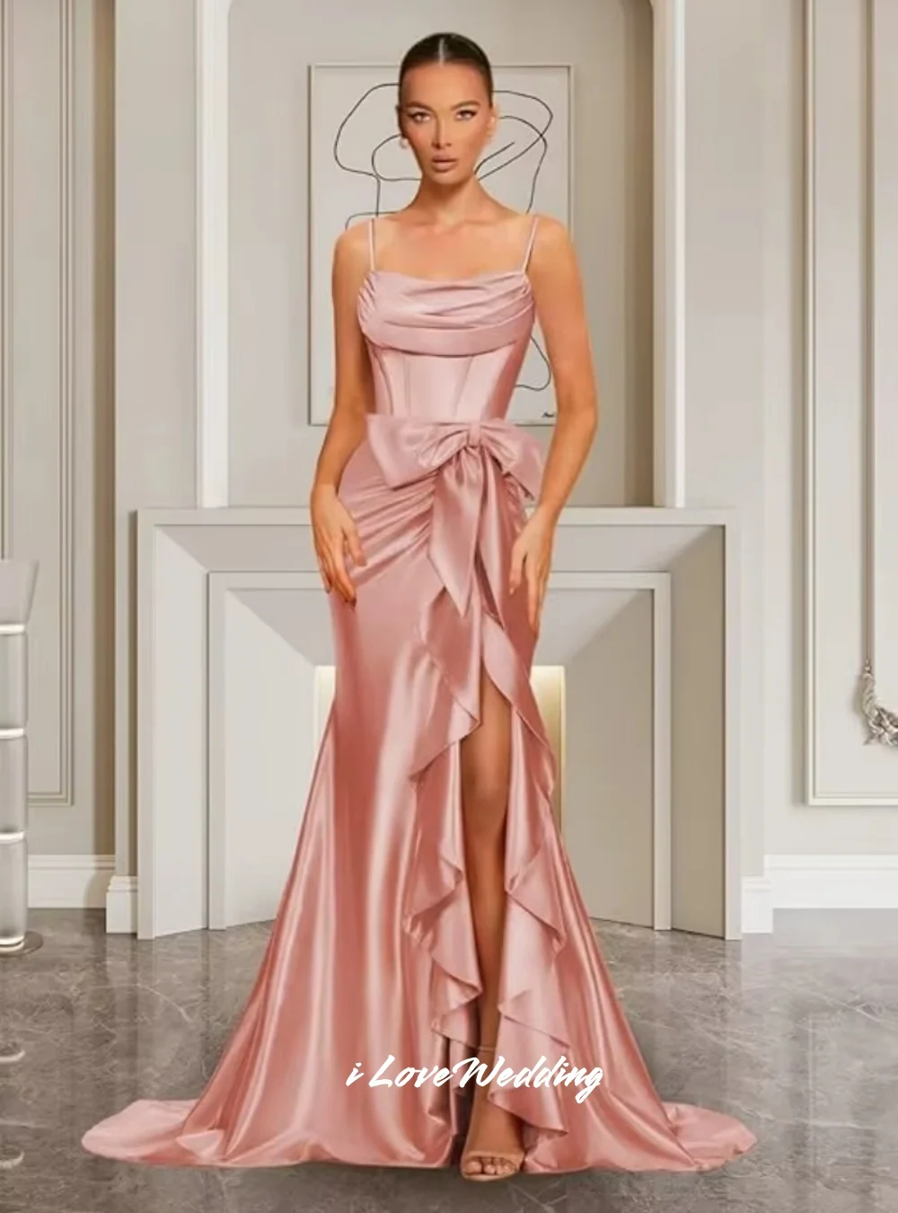 

Pink Spaghetti-Strap Evening Dresses 2025 Satin Boat Neck High Split Bow Mermaid Sweep Train Wedding Guest Dresses Customized