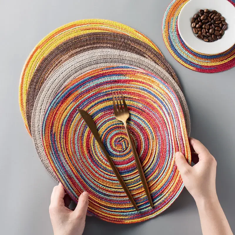 Mesa redonda de vinil tecido, placemats individuais para mesa, antiderrapante, utensílios de cozinha, copo de bebida, decoração de férias