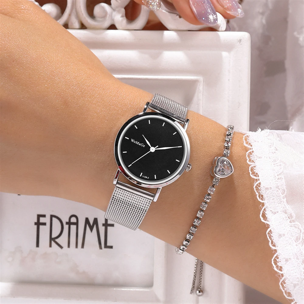 5pieces/set Trendy silver mesh steel quartz women wrist watch