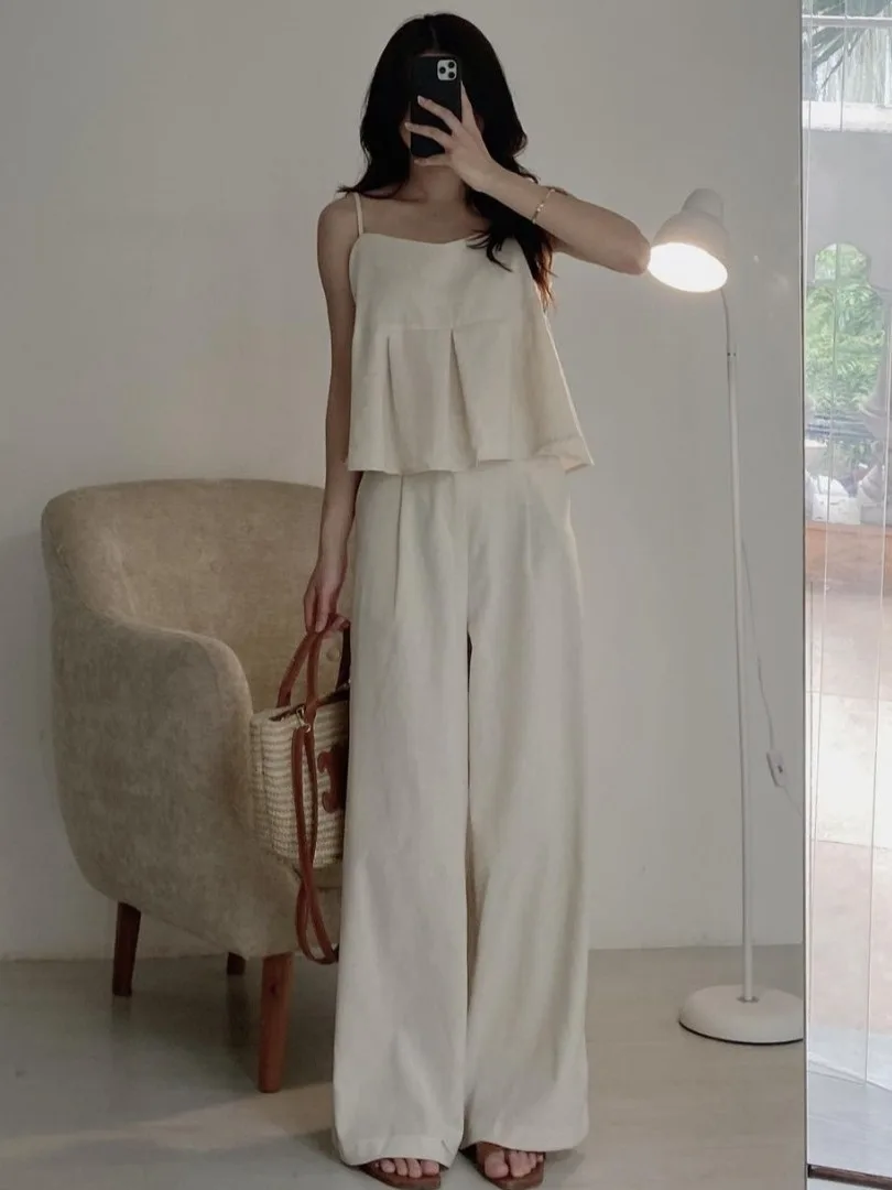 

Шикарный летний простой жилет с квадратным воротником и цветными ремешками, универсальный широкий повседневный комплект с высокой талией, женская мода