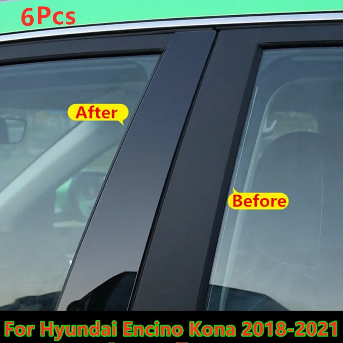 6Pcs Black Door Pillar Posts Cover Trim Kit For Hyundai Encino Kona 2018-2021
