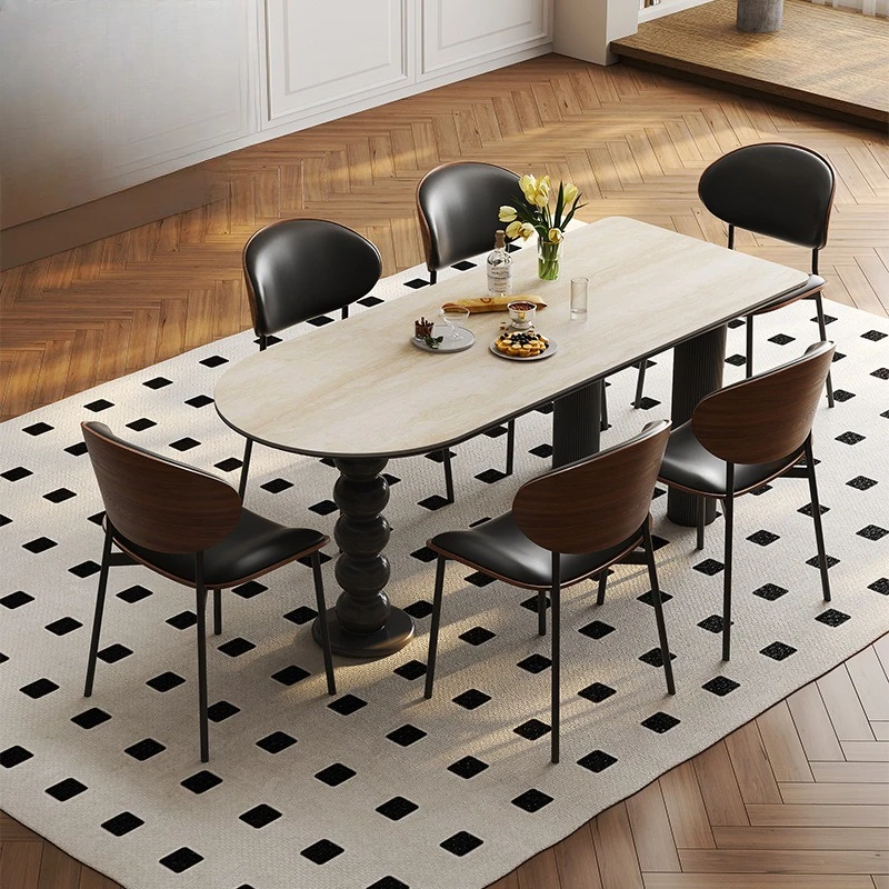 French retro rock slab dining table high-end dining table rock slab small apartment designer creative semi-oval island dining