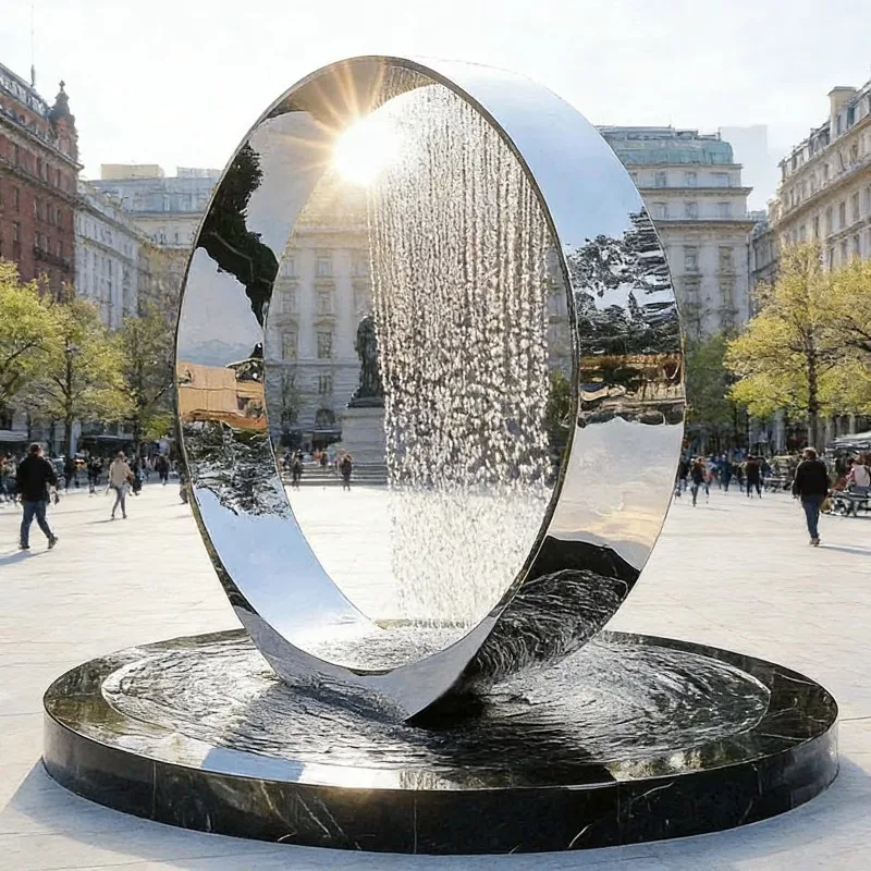 

Custom Polished Stainless Steel Ring Waterfall Fountain Sculpture Residential Garden Municipal Park Commercial Plaza Landscape